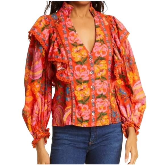 Farm Rio Red Spring Bananas Blouse, Vibrant Multicolor, Parties, Festival Date S - Picture 1 of 13